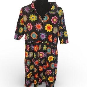 Dangerfield Floral 70s Inspired Dress Size L Groovy 1/4 Zip Mini Black Bright